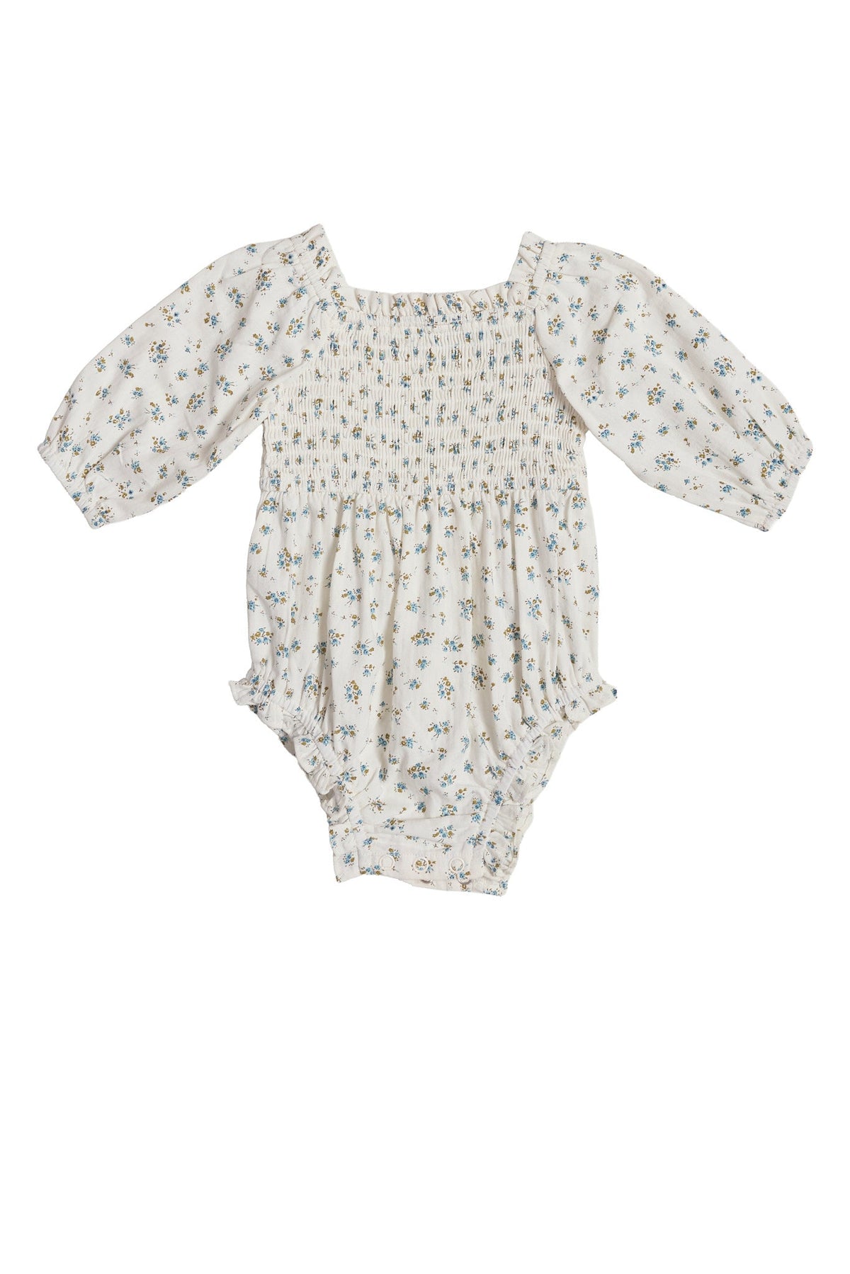 The Ivy City Co Baby Madeline Romper in Blue features a white long-sleeve design with a square neckline, smocked bodice, ruffled leg openings, and an allover blue and green floral print, shown on a white background—a charming choice for an Easter outfit.