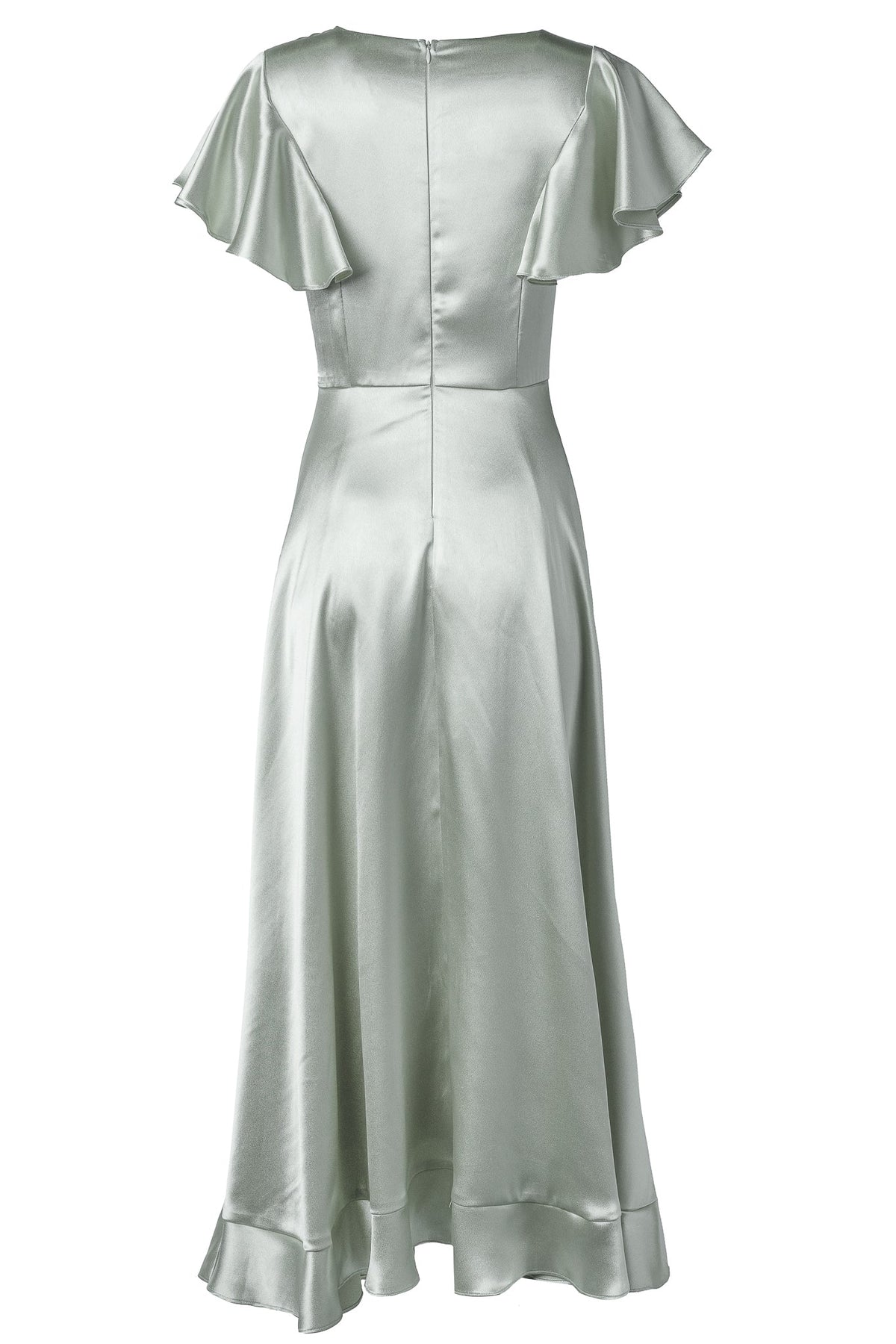 The Callie Dress in Sage Satin by Ivy City Co features a pale green satin finish, short flutter sleeves, and a flared hem. Shown from the back, this midi dress highlights a fitted waist and a visible zipper—making it an ideal choice for a sage satin bridesmaid dress.