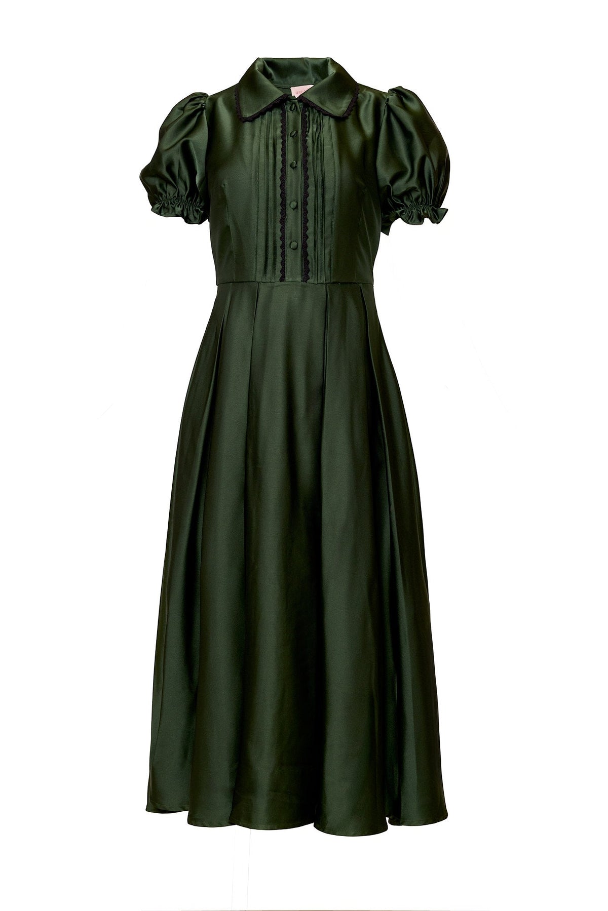 Sophia Dress in Green Satin, a dark green midi dress with a collared neckline, short puff sleeves, and a button-front bodice trimmed with black lace.
