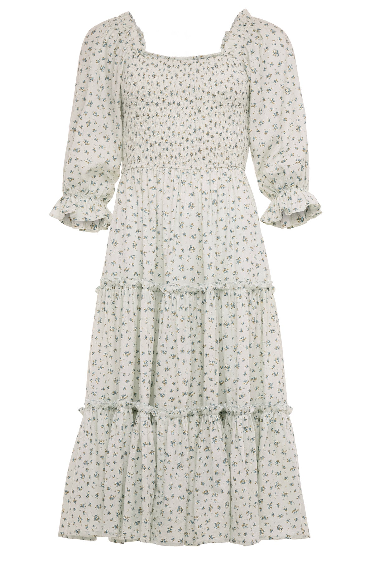 The Madeline Dress in Blue by Ivy City Co is a blue, long, tiered floral midi dress with a smocked bodice, three-quarter puff sleeves with ruffled cuffs, and a square neckline—an effortlessly maternity friendly style.
