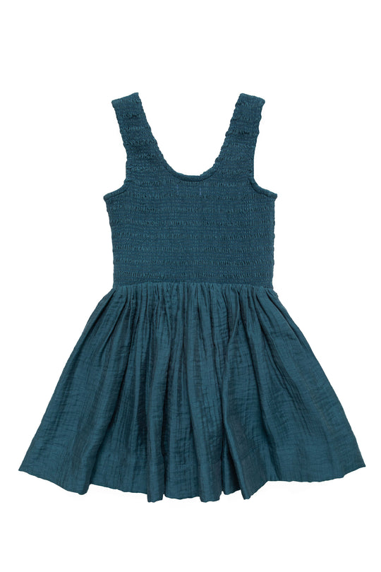 Teal dress with thin straps on a white background