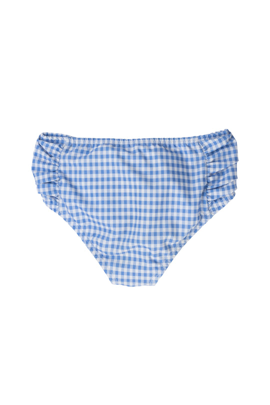 The Ivy City Co Mini Mid Rise Ruched Bottom in Blakely Gingham features blue and white gingham with ruched sides, shown flat on a white background—a must-have addition to any womens swimwear collection.