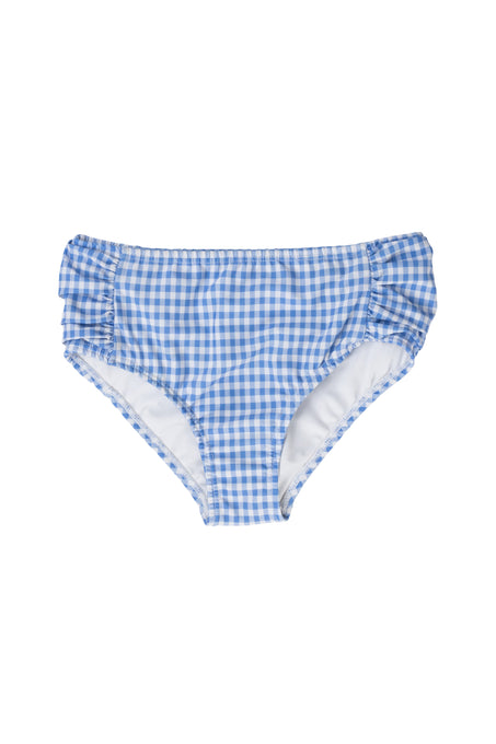 The Ivy City Co Mini Mid Rise Ruched Bottom in Blakely Gingham features blue and white checks, ruched sides, and white lining—a chic womens swimwear choice, shown on a white background.