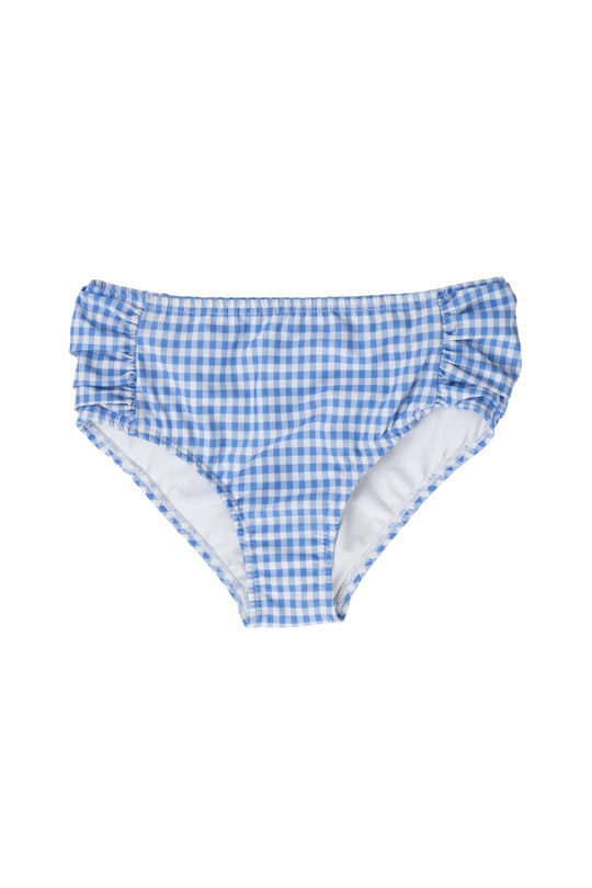 The Ivy City Co Mini Mid Rise Ruched Bottom in Blakely Gingham features blue and white checks, ruched sides, and white lining—a chic womens swimwear choice, shown on a white background.