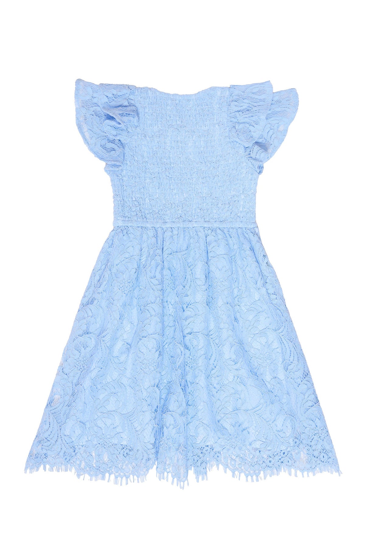 Cornflower blue lace transforms the Mini Hattie Dress by Ivy City Co, featuring short ruffled sleeves and a fitted, ruched bodice. The flared skirt showcases a delicate floral lace pattern, making this light blue mini dress perfect for young girls—and an ideal choice for charming mommy-and-me matching moments.
