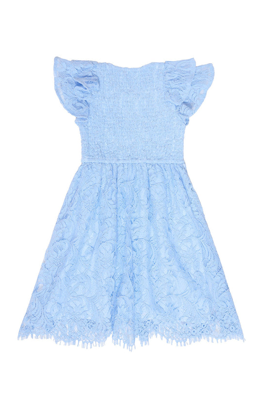 Cornflower blue lace transforms the Mini Hattie Dress by Ivy City Co, featuring short ruffled sleeves and a fitted, ruched bodice. The flared skirt showcases a delicate floral lace pattern, making this light blue mini dress perfect for young girls—and an ideal choice for charming mommy-and-me matching moments.