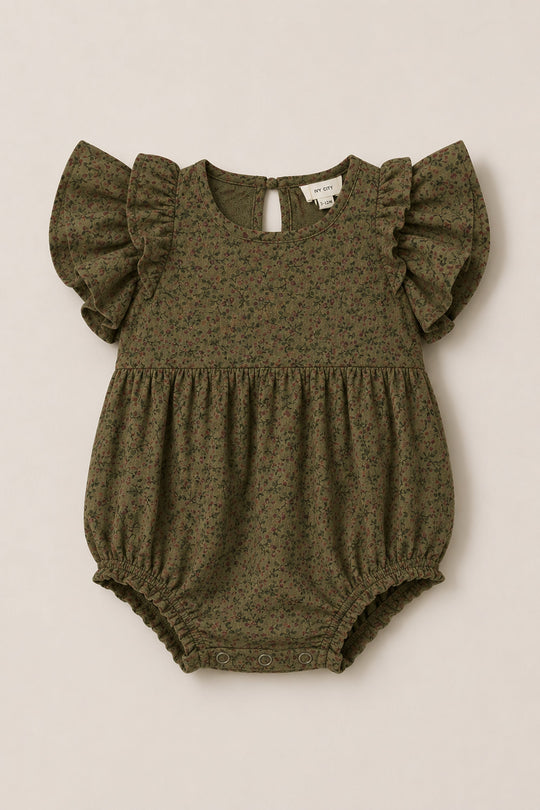 Dress your little one in the Ivy City Co Baby Hattie Romper in Woodland Floral, featuring an olive green fabric with a small floral print, ruffled flutter sleeves, elastic leg openings, a gathered waist, convenient back button closure, and snaps at the crotch for easy diaper changes.