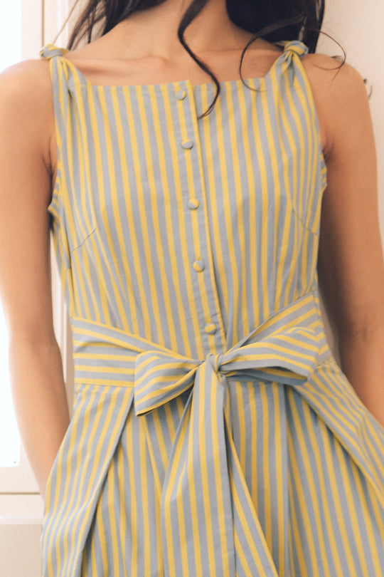 A woman wearing the Ivy City Co Glen Dress in Green Stripe—a sleeveless cotton, ankle-length dress with green and white vertical stripes, button details on the front, and a tied bow at the waist. Her hair is loose and slightly wavy.
