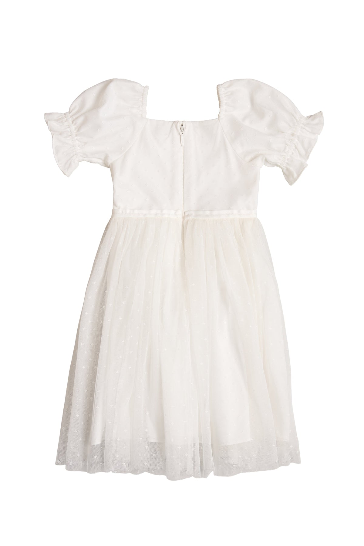 The Mini Ballerina Dress in White by Ivy City Co is a white, knee-length princess dress with short puff sleeves and a tulle skirt, displayed on a white background. This charming dress features a zipper closure at the back.