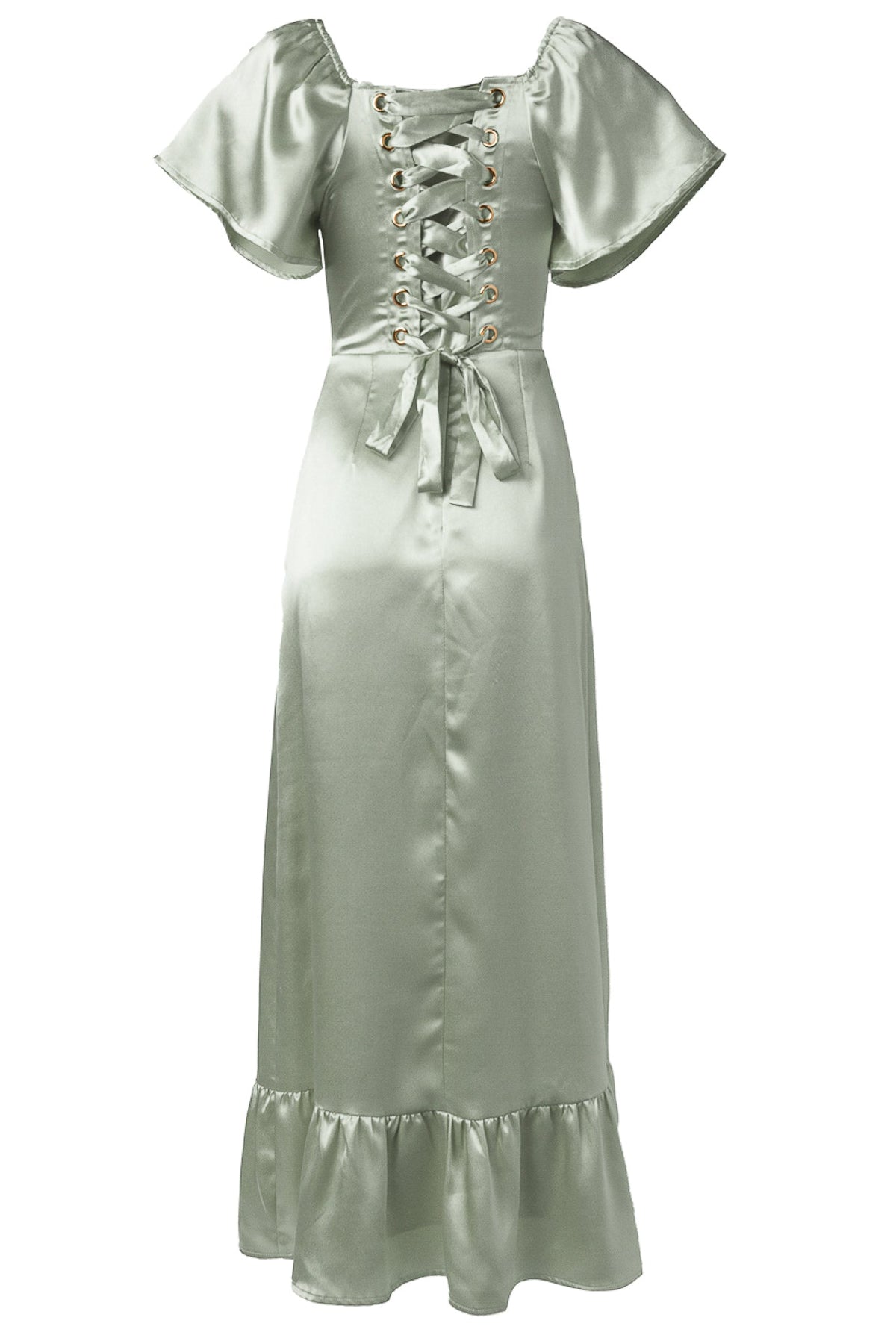 The Maddie Dress in Sage Satin by Ivy City Co features a light green satin finish, short flutter sleeves, a front lace-up bodice with gold eyelets, a waist tie, and a ruffled hem—perfect for your next special event.