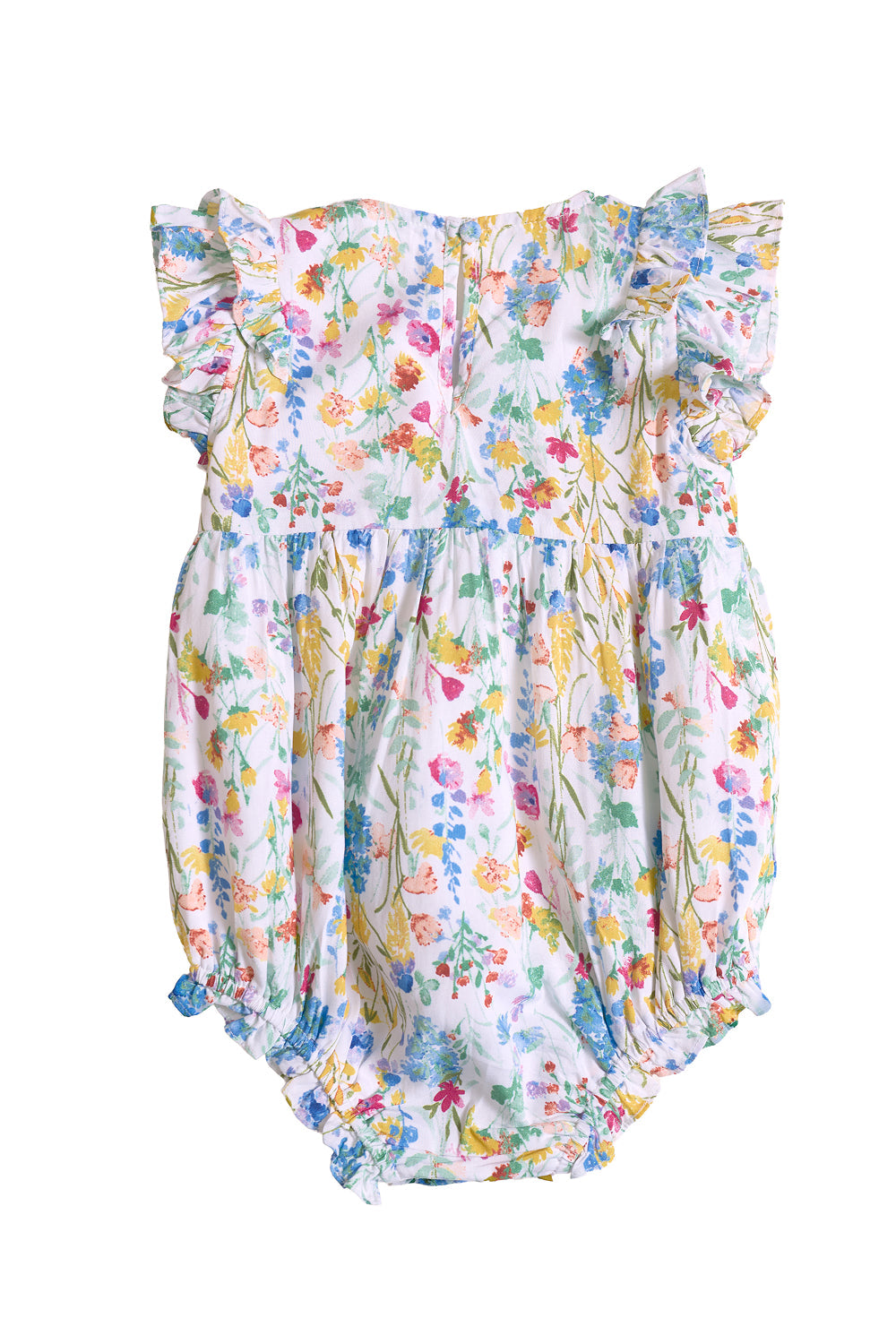 Introducing the Baby Ana Romper in Floral Fields from Ivy City Co—this charming romper showcases a vibrant floral pattern on a crisp white background, complete with ruffled flutter sleeves, elastic leg openings, and lovely gathered details. It’s the perfect summer outfit for your little one, blending fresh seasonal style with adorable comfort.