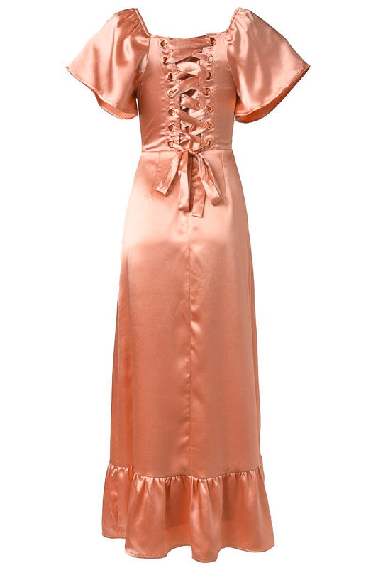 The Ivy City Co Maddie Dress in Apricot Crush Satin features flutter sleeves, a lace-up front, fitted waist with ribbon tie, and a ruffled long skirt—an elegant bridesmaid choice.