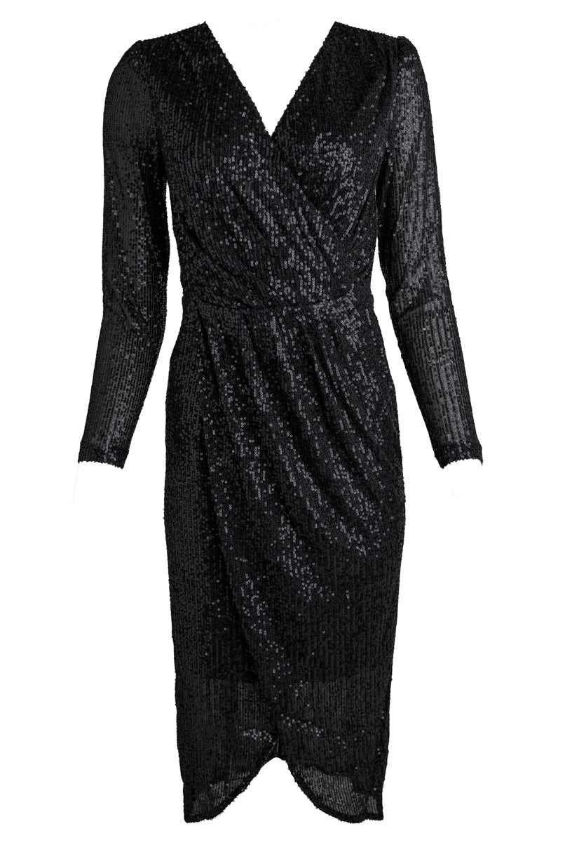 Ivy City Co | Starstruck Dress in Black | Sequin v neck long sleeve