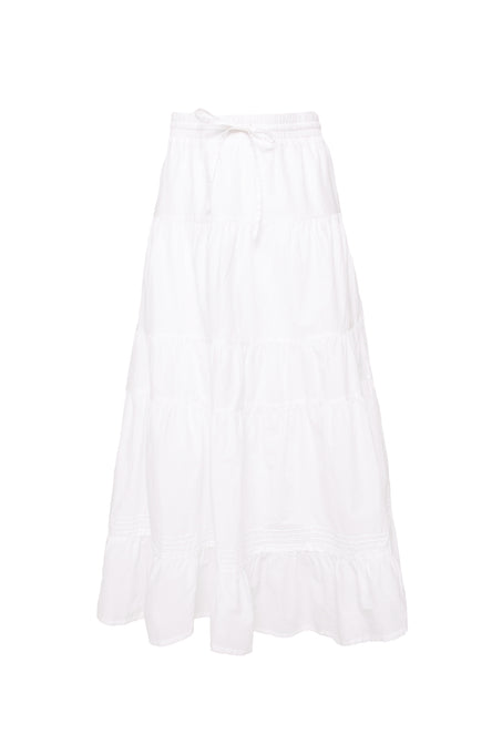 The Sansa Skirt in White by Ivy City Co is an ankle-length cotton voile skirt with a ruffled hem, elastic drawstring waistband, elegant tiers, and maternity-friendly design, shown against a plain white background.