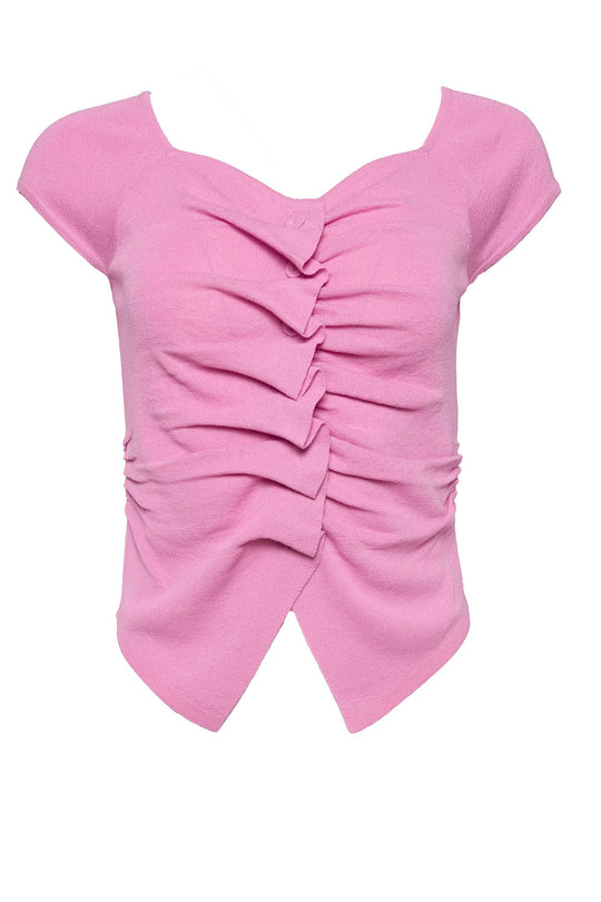 The Aspen Shirt in Pink by Ivy City Co is a short-sleeved knit top featuring a sweetheart neckline, ruched detailing down the front, and a pointed center hem—an ideal piece to refresh your spring wardrobe.