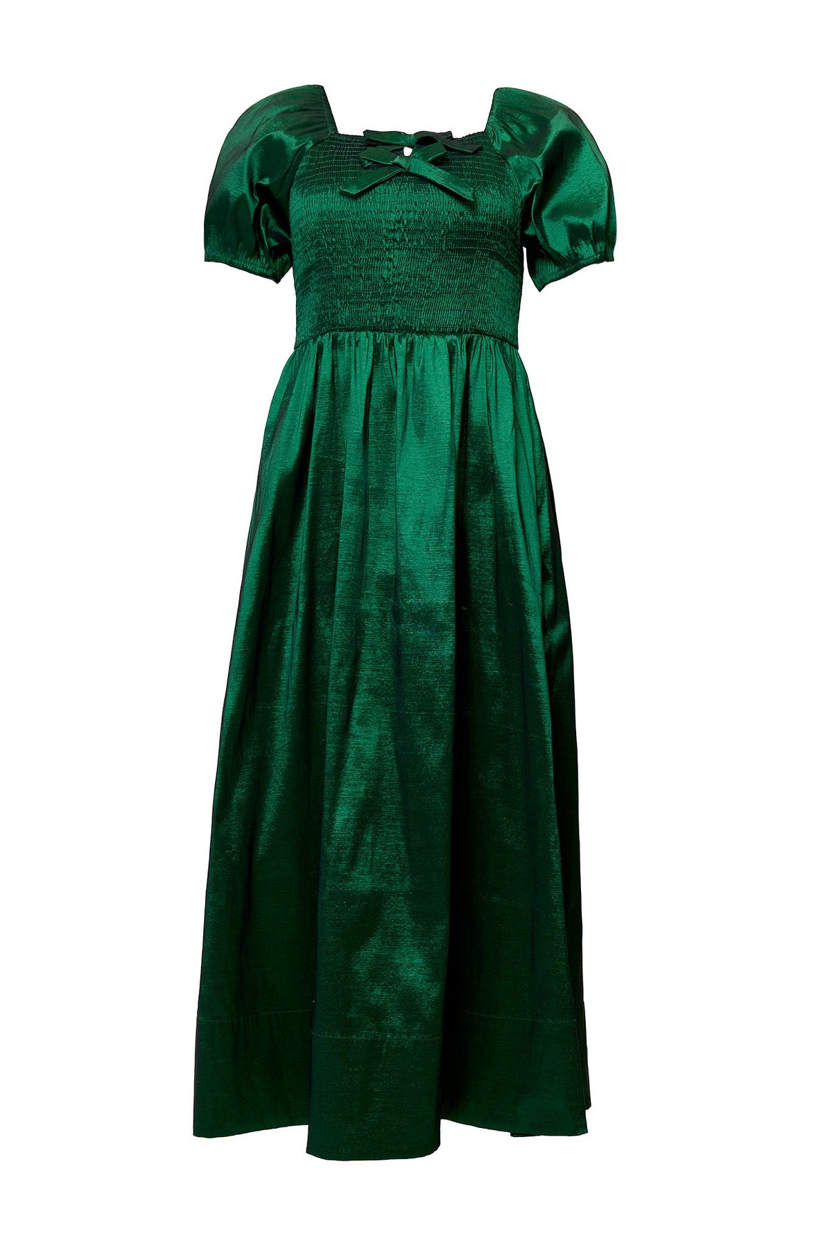 Ivy City Co Cassie Dress in Green Taffeta, an emerald green midi dress with puff sleeves, a smocked bodice, and a square neckline featuring a small bow.