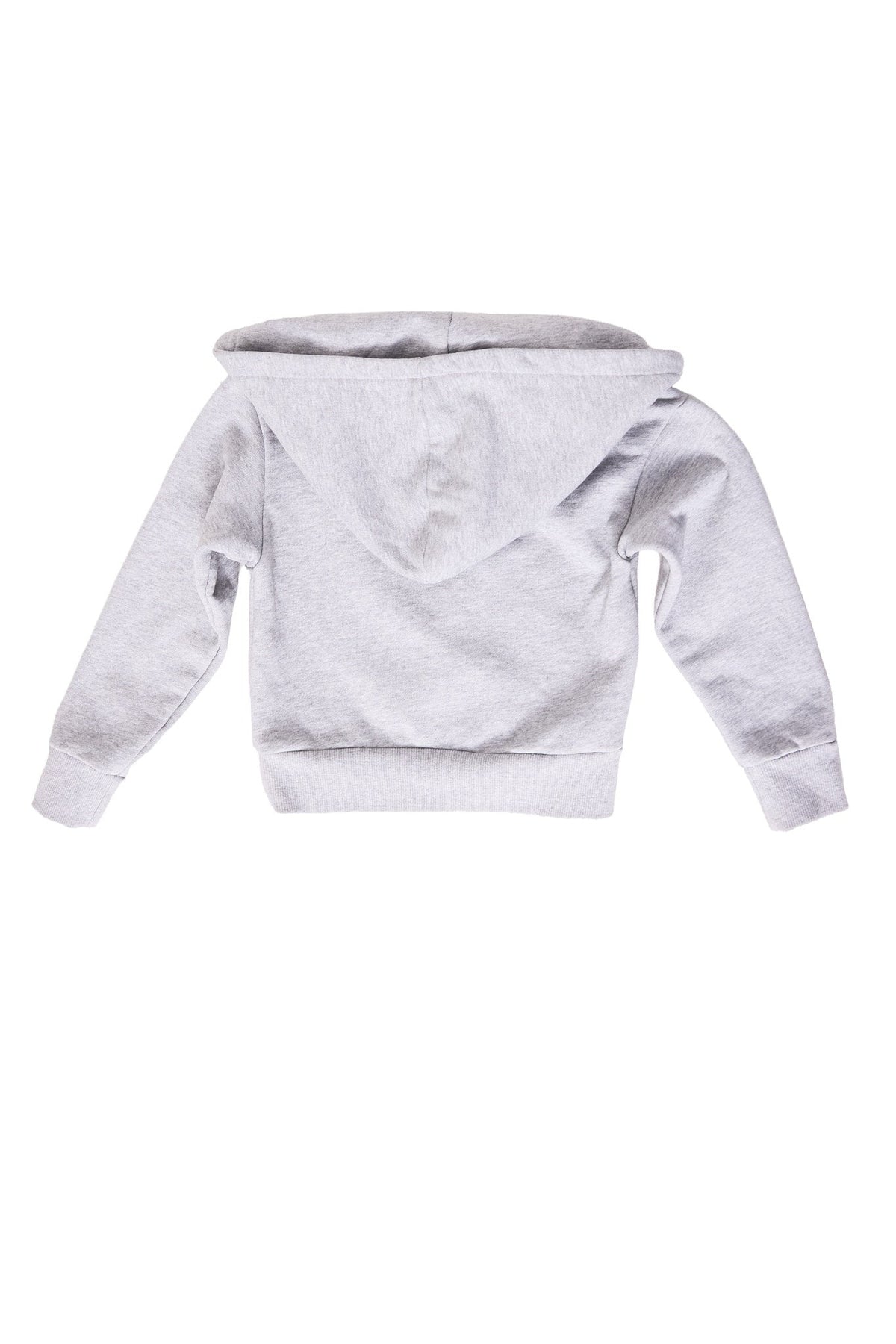 The Mini Skylar Hoodie in Heather Gray by Ivy City Co is laid flat with the back facing up, displaying its classic long sleeves, ribbed cuffs, and waistband.