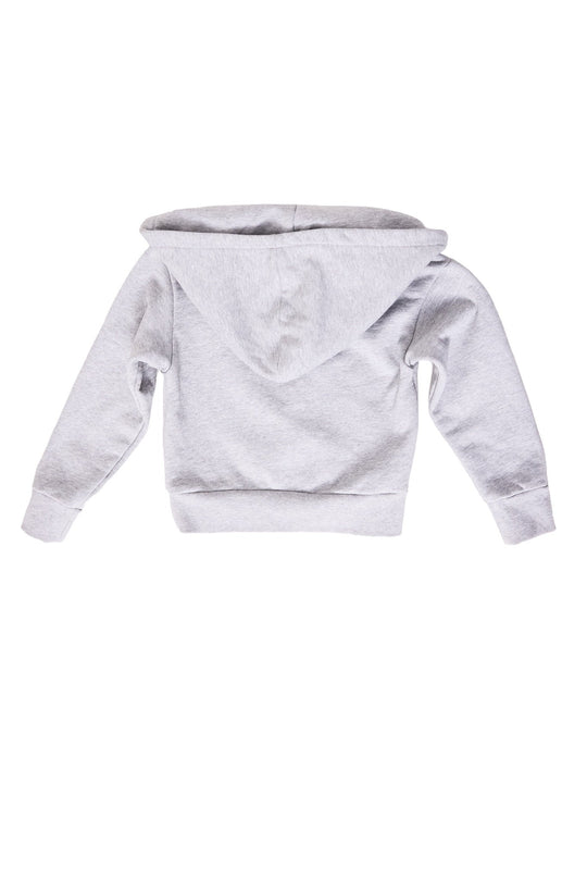 The Mini Skylar Hoodie in Heather Gray by Ivy City Co is laid flat with the back facing up, displaying its classic long sleeves, ribbed cuffs, and waistband.