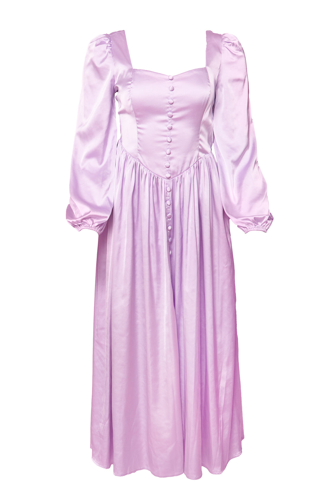 The Valentina Dress in Lavender by Ivy City Co is a light purple satin dress with long puff sleeves, a fitted bodice, front buttons, vintage-inspired gathered skirt, and a charming lace-up corset back.
