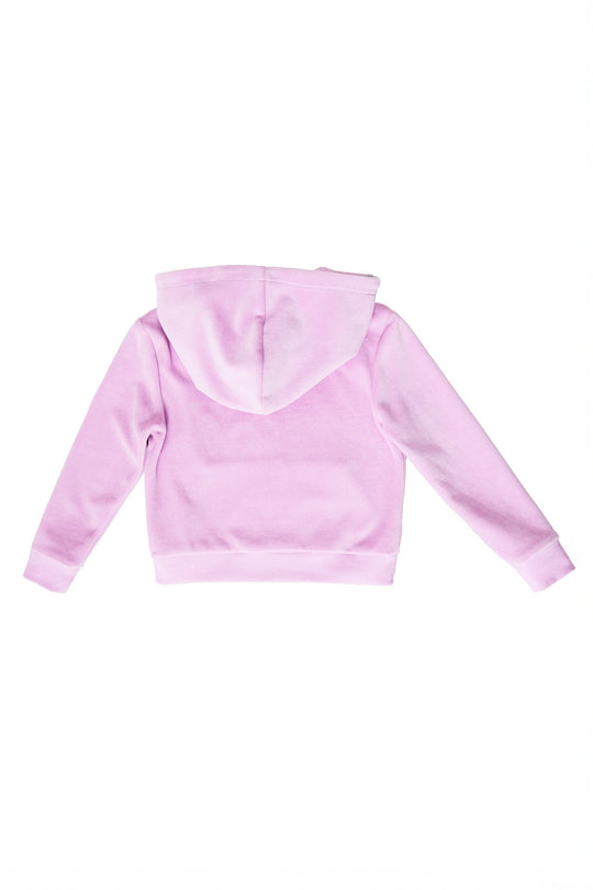 The Mini Kailey Zip Up Velour Sweatshirt in Pink by Ivy City Co is shown from the back, featuring long sleeves and a plain light pink design, displayed on a white background.