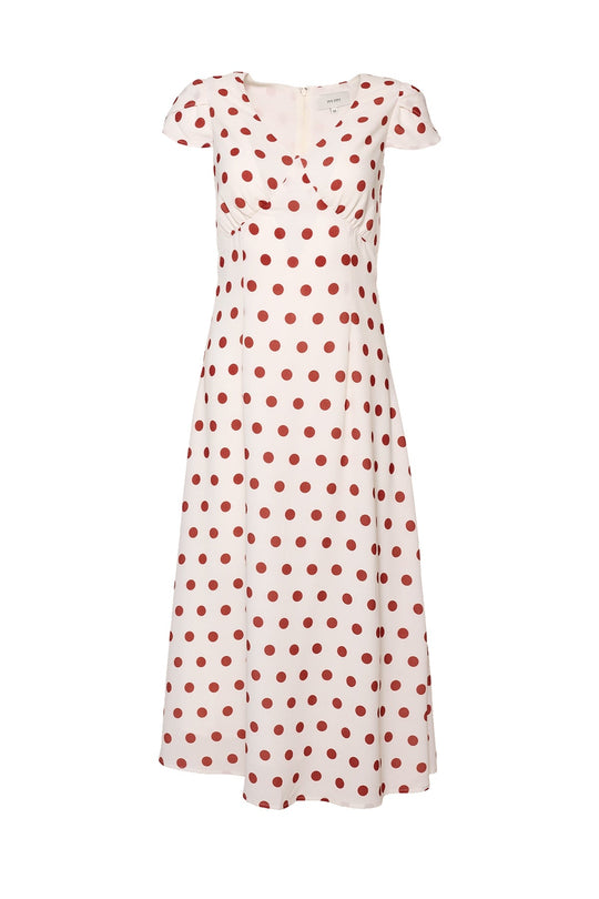 The Fiona Dress in Red Polka Dot by Ivy City Co is a charming white midi-length dress adorned with vibrant red polka dots, featuring short sleeves, a fitted bodice, and a slightly flared skirt—displayed on a plain background, it’s the perfect summer dress for any occasion.