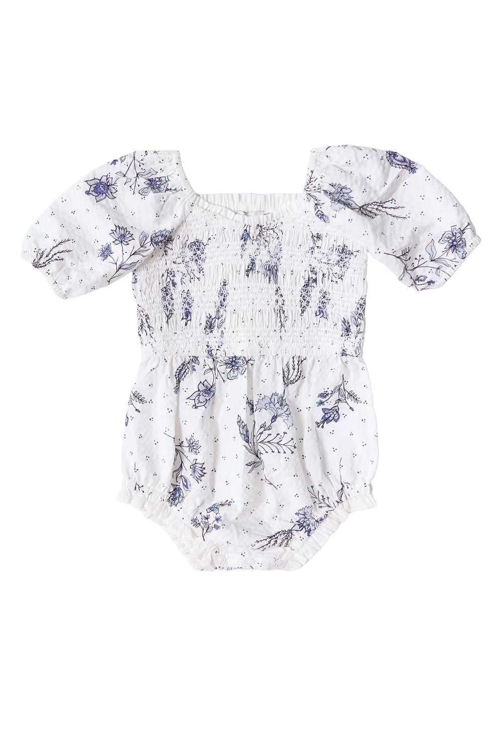 The Baby Roselyn Romper in Blue Enchanted Floral by Ivy City Co features short puff sleeves, a ruched bodice, elastic leg openings, and a delicate blue floral pattern on white. Shown on a white background—ideal for matching with our Mom & Me set.