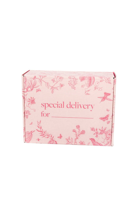 A pale pink Ivy City Co Gift Box with floral and bird illustrations, featuring custom packaging and “special delivery for _____” printed in pink on the front.