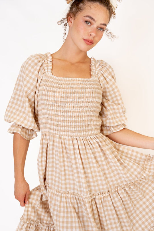 Madeline Dress in Tan Gingham - FINAL SALE-Adult
