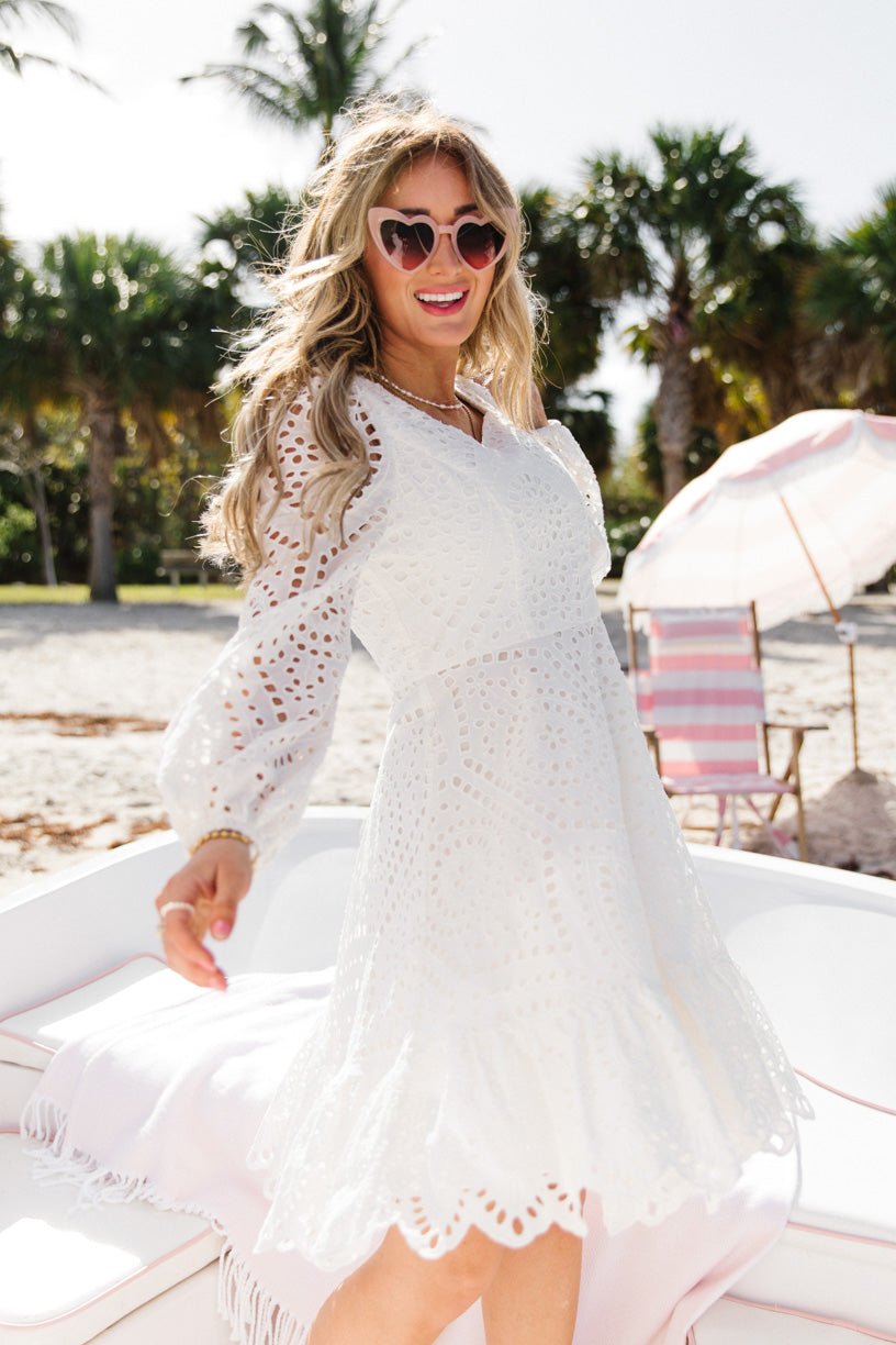 White eyelet 2025 long sleeve dress