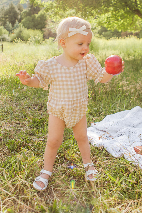 Baby Madeline Romper in Tan Gingham