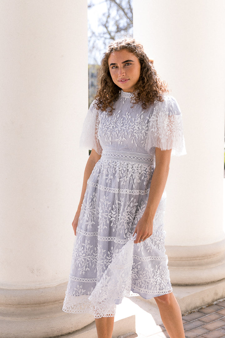 Sicily Dress with Flutter Sleeves in Frost Blue - FINAL SALE