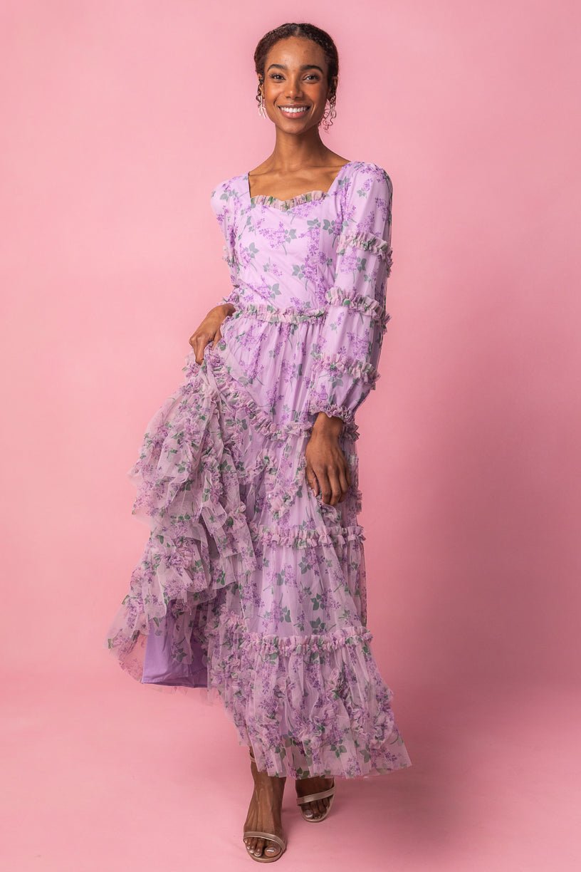 Lavender Square Neck Gigot Sleeve Frill Detail Flare Dress – ShObO