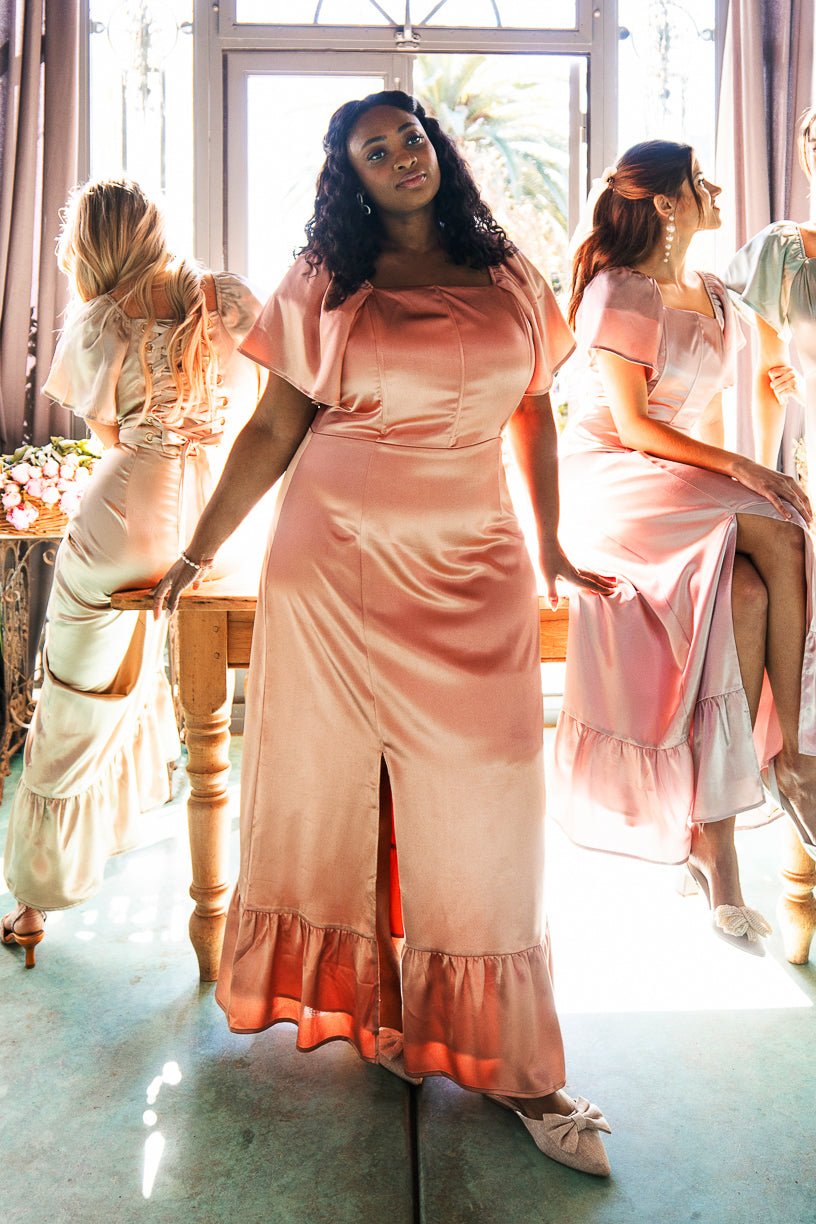 Maddie Dress in Apricot Crush Satin 26W