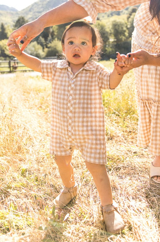 Baby Boy Madeline Romper in Tan Gingham - FINAL SALE