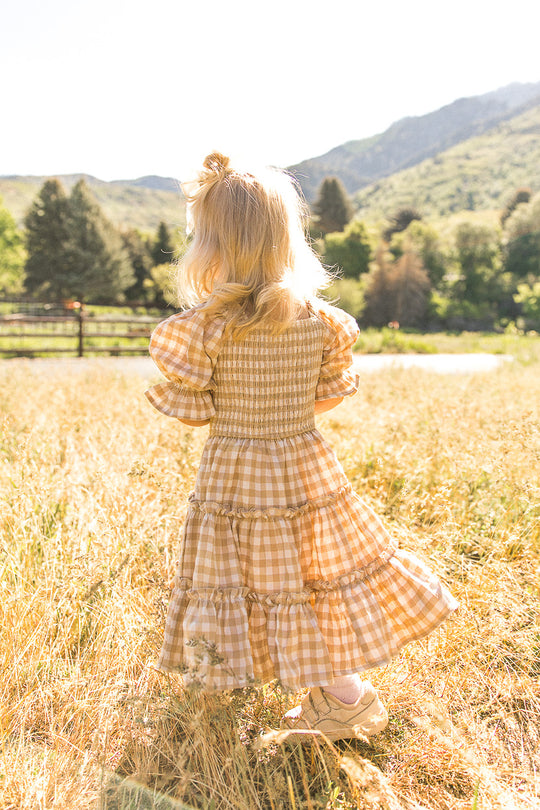 Mini Madeline Dress in Tan Gingham