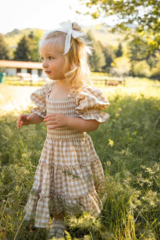 Mini Madeline Dress in Tan Gingham