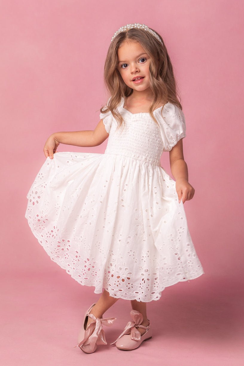 Mini Marigold Dress in White Eyelet-Mini