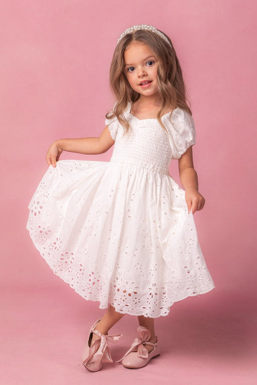 Mini Marigold Dress in White Eyelet
