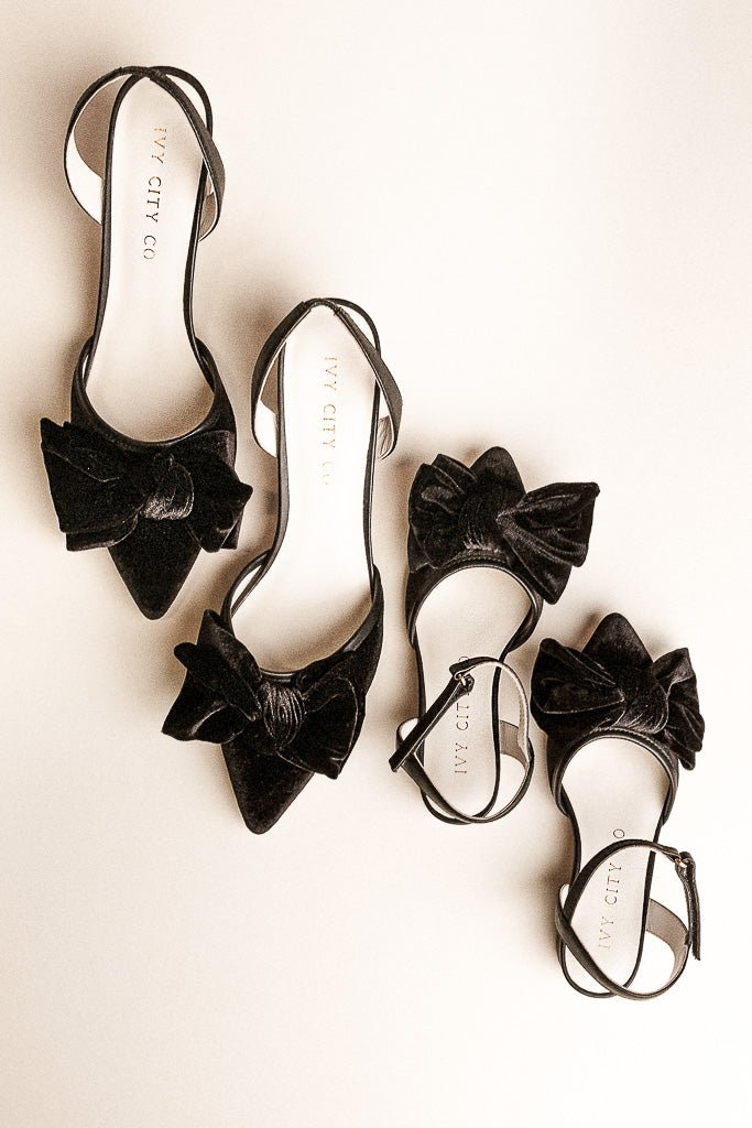 Black Satin Diamante Bow Shoes – Madam Mayfair